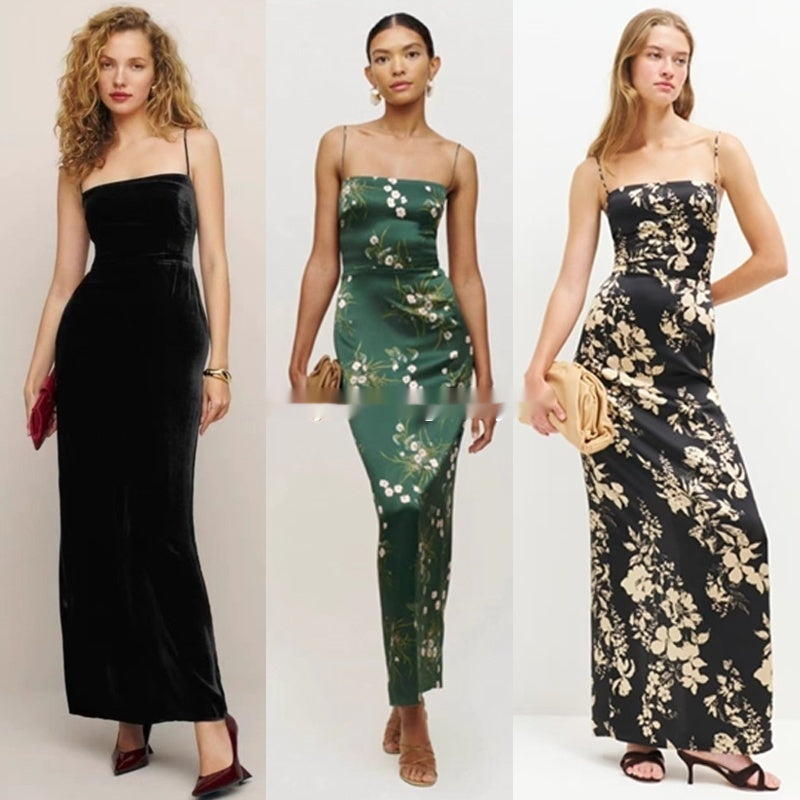 Floral Print Sleeveless Silk Maxi Dress with Side Slit & Waist Tie for Women