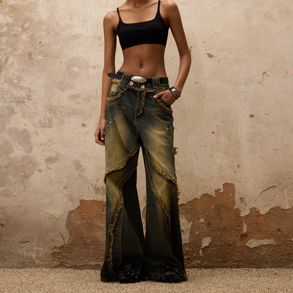 Fluid Structured Spliced Raw-Edge Jeans – Modern Streetwear Denim