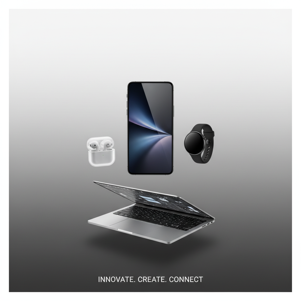 Tech related image with tech prodcuts showing instagram post size, upper white gradient