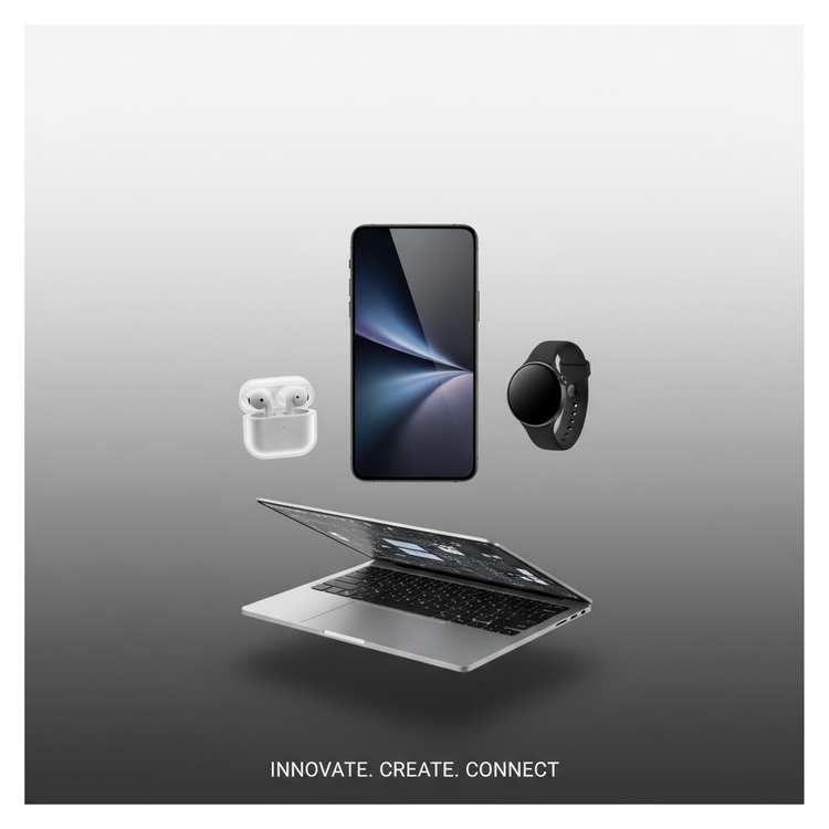 Tech related image with tech prodcuts showing instagram post size, upper white gradient